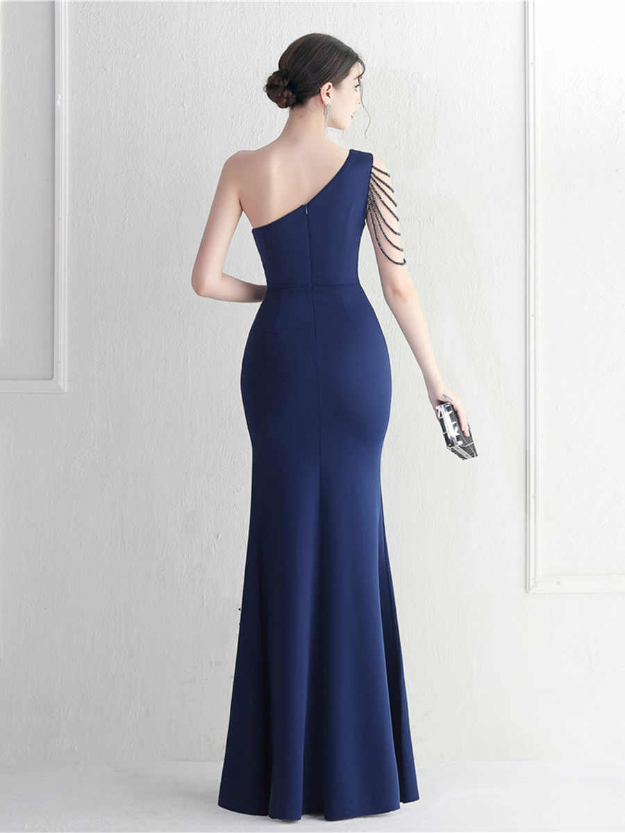 Formal One Shoulder Cutout Black Prom Dress