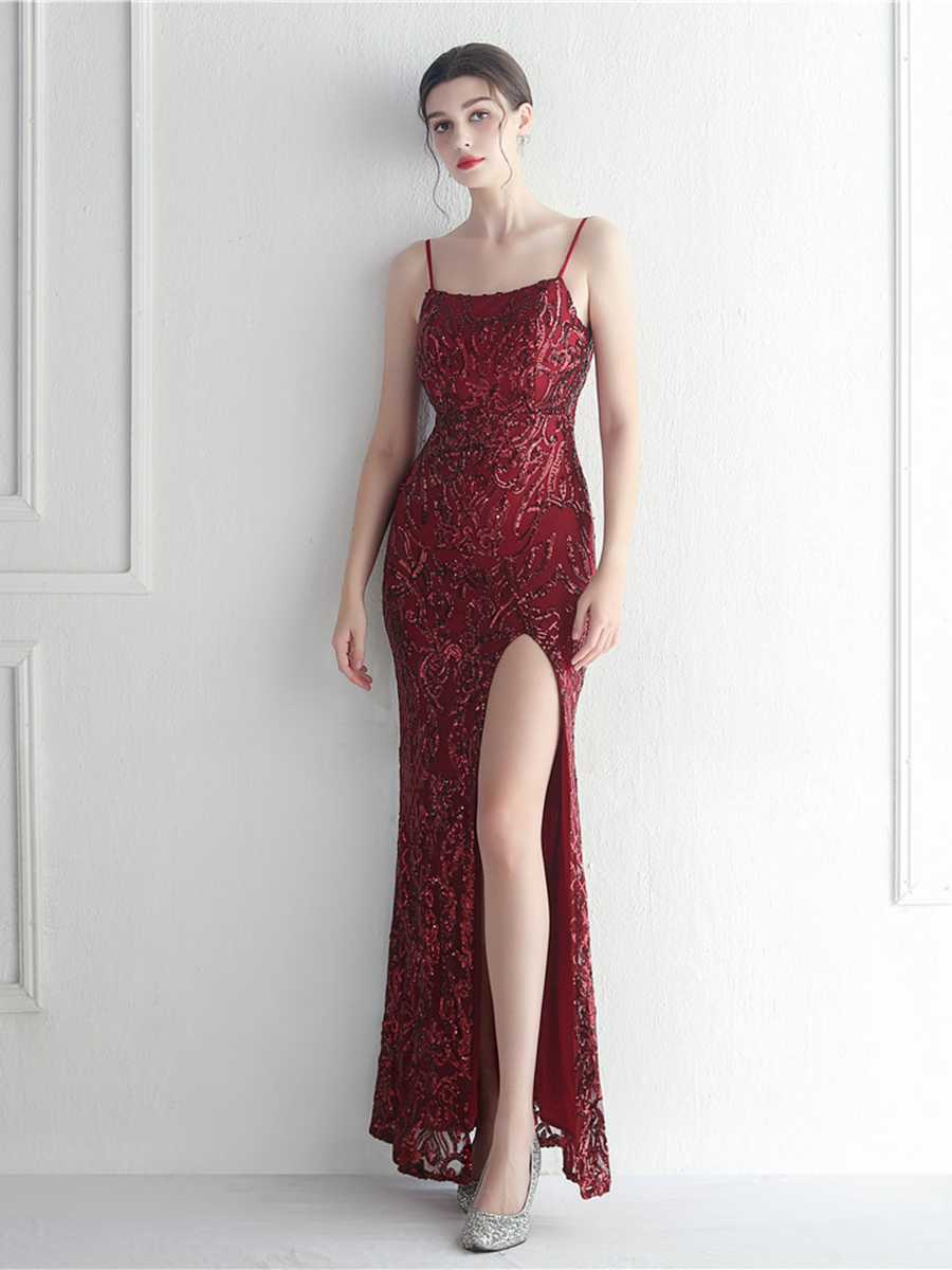 Sexy Side Slit Beaded Back Chains Evening Gown