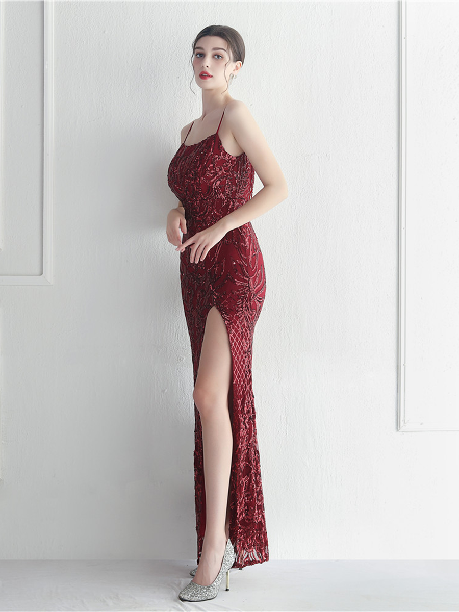 Sexy Side Slit Beaded Back Chains Evening Gown
