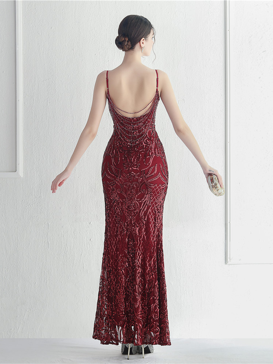 Sexy Side Slit Beaded Back Chains Evening Gown