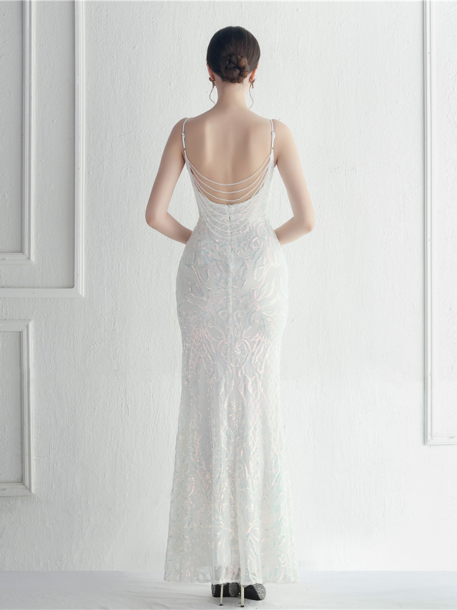 Sexy Side Slit Beaded Back Chains Evening Gown