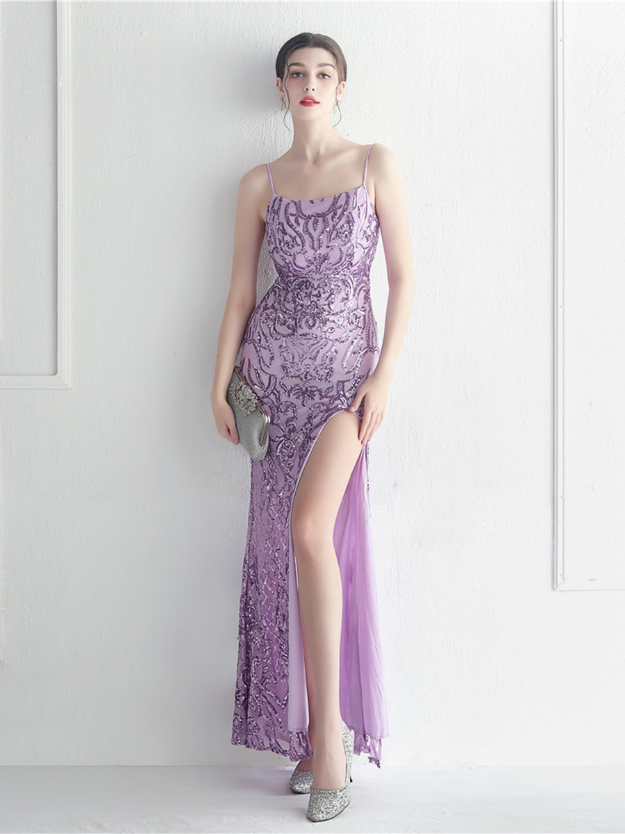 Sexy Side Slit Beaded Back Chains Evening Gown
