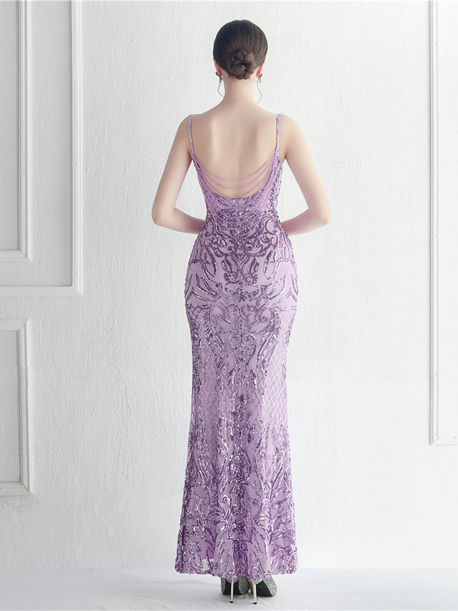 Sexy Side Slit Beaded Back Chains Evening Gown