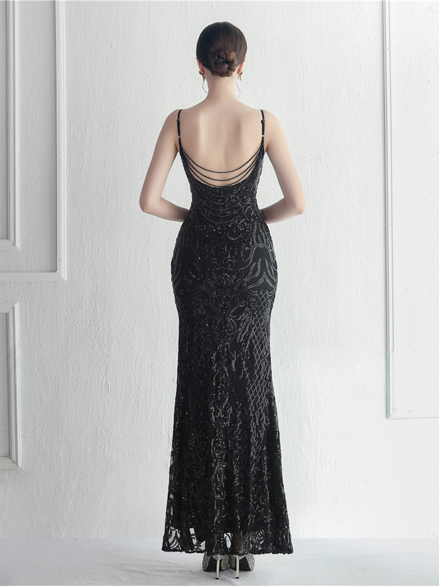 Sexy Side Slit Beaded Back Chains Evening Gown