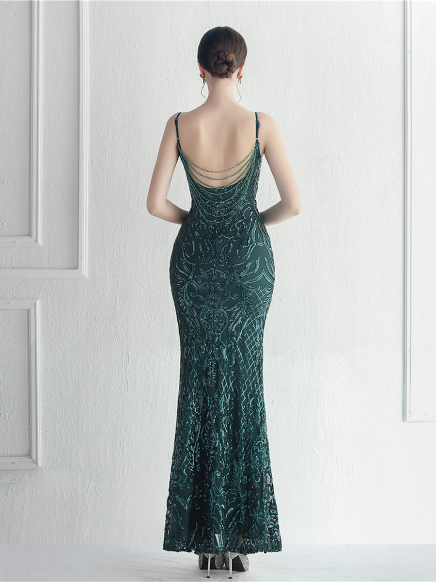 Sexy Side Slit Beaded Back Chains Evening Gown