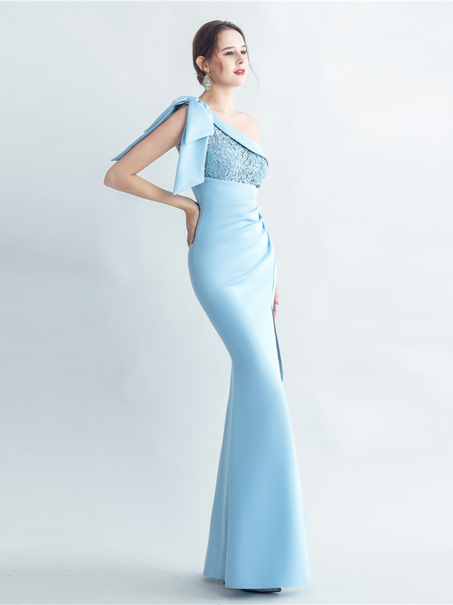 One-Shoulder Bowknot Lace Panel High Slit Evening Gown