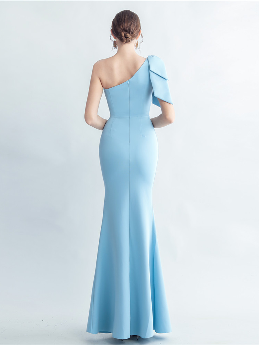 One-Shoulder Bowknot Lace Panel High Slit Evening Gown