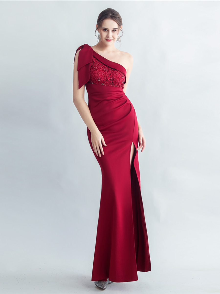 One-Shoulder Bowknot Lace Panel High Slit Evening Gown