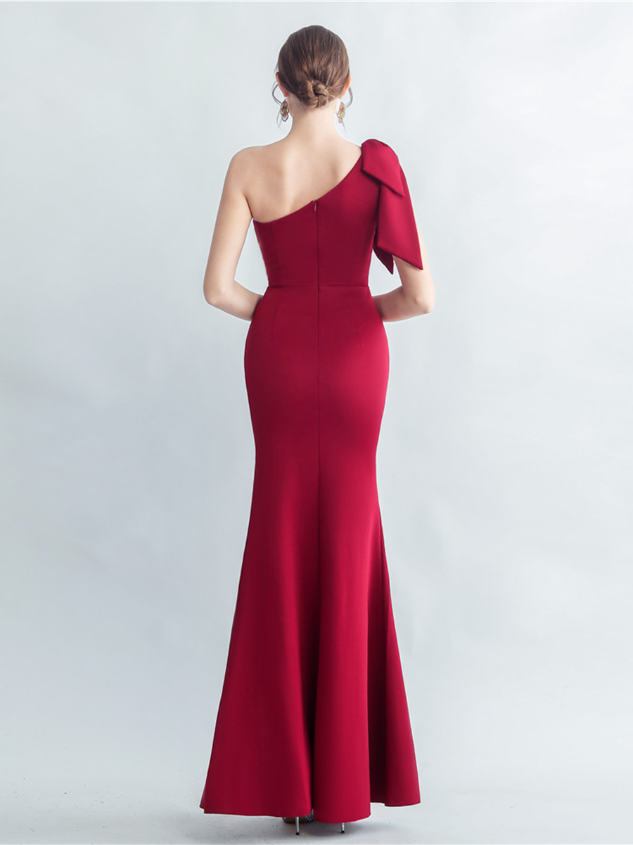 One-Shoulder Bowknot Lace Panel High Slit Evening Gown