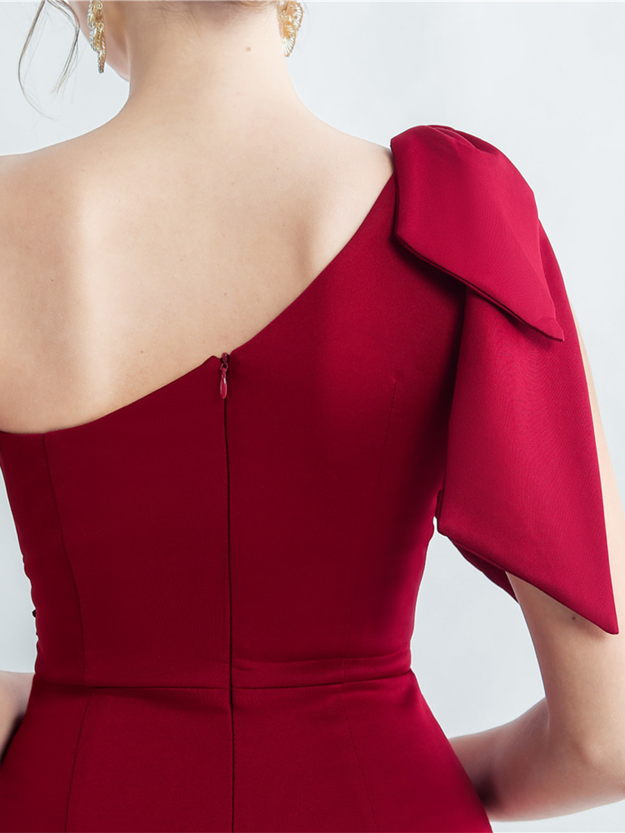 One-Shoulder Bowknot Lace Panel High Slit Evening Gown