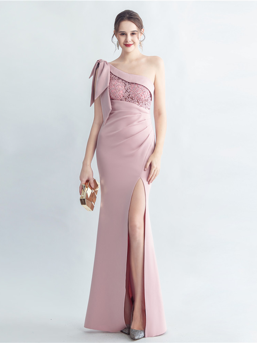 One-Shoulder Bowknot Lace Panel High Slit Evening Gown