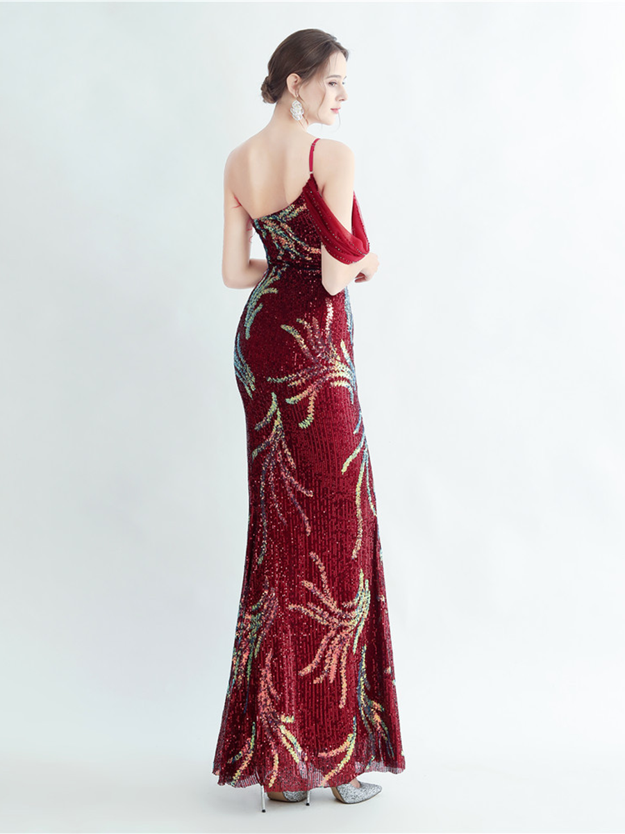 Elegant Feather Trim Sequin One-Shoulder Formal Dress