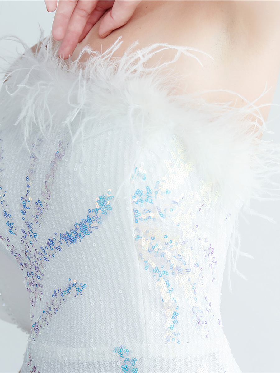 Elegant Feather Trim Sequin One-Shoulder Formal Dress