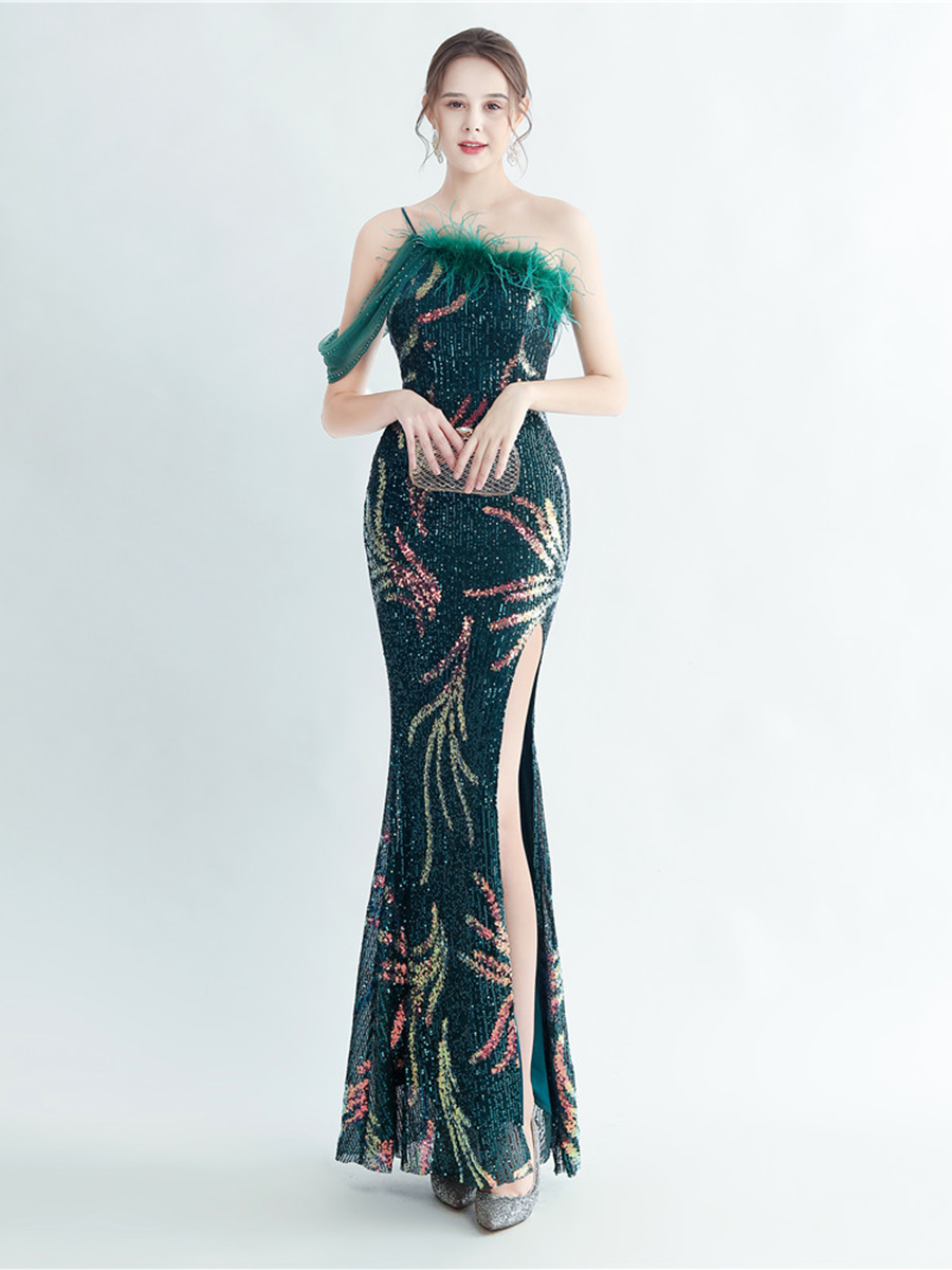Elegant Feather Trim Sequin One-Shoulder Formal Dress