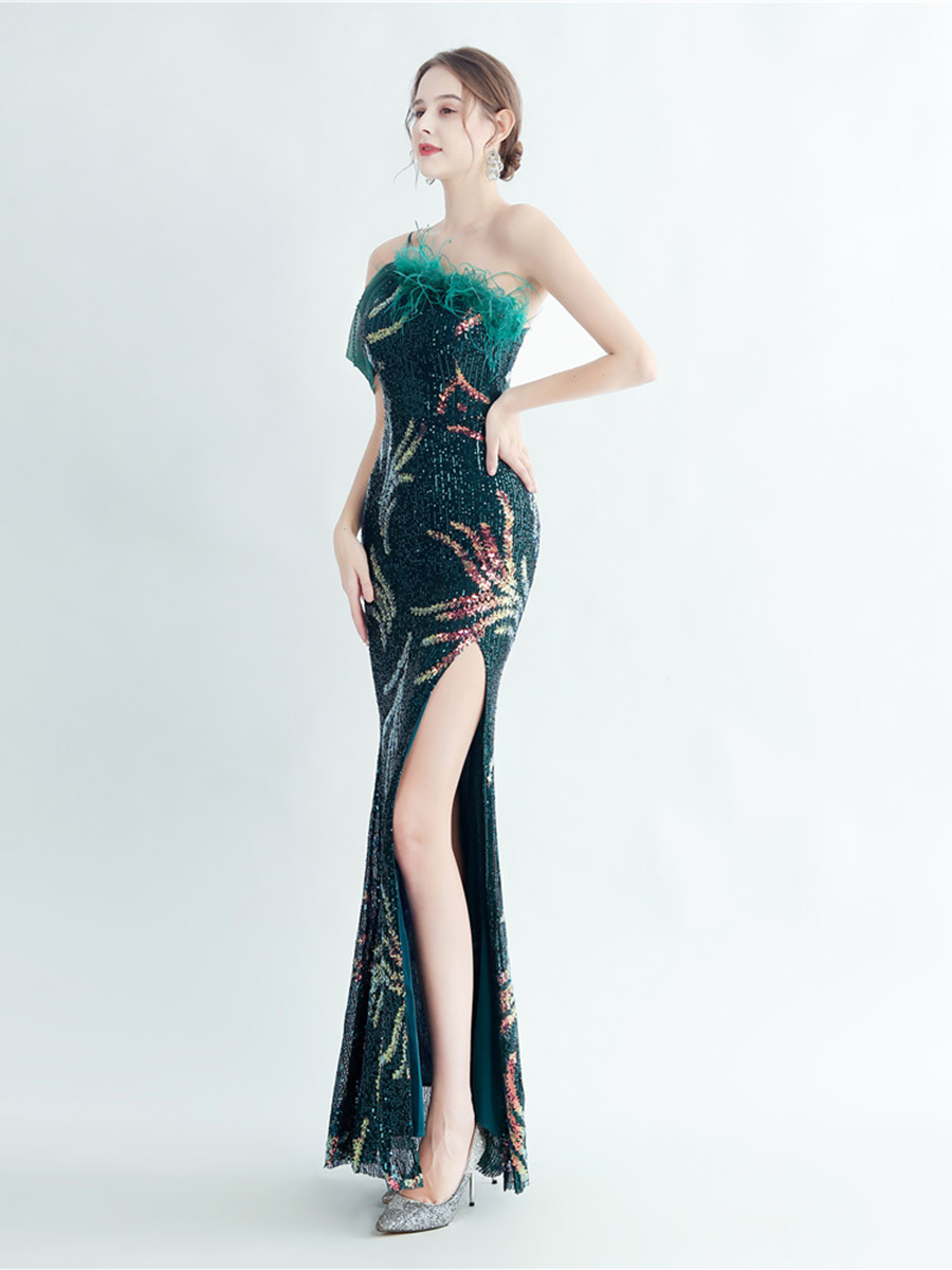 Elegant Feather Trim Sequin One-Shoulder Formal Dress