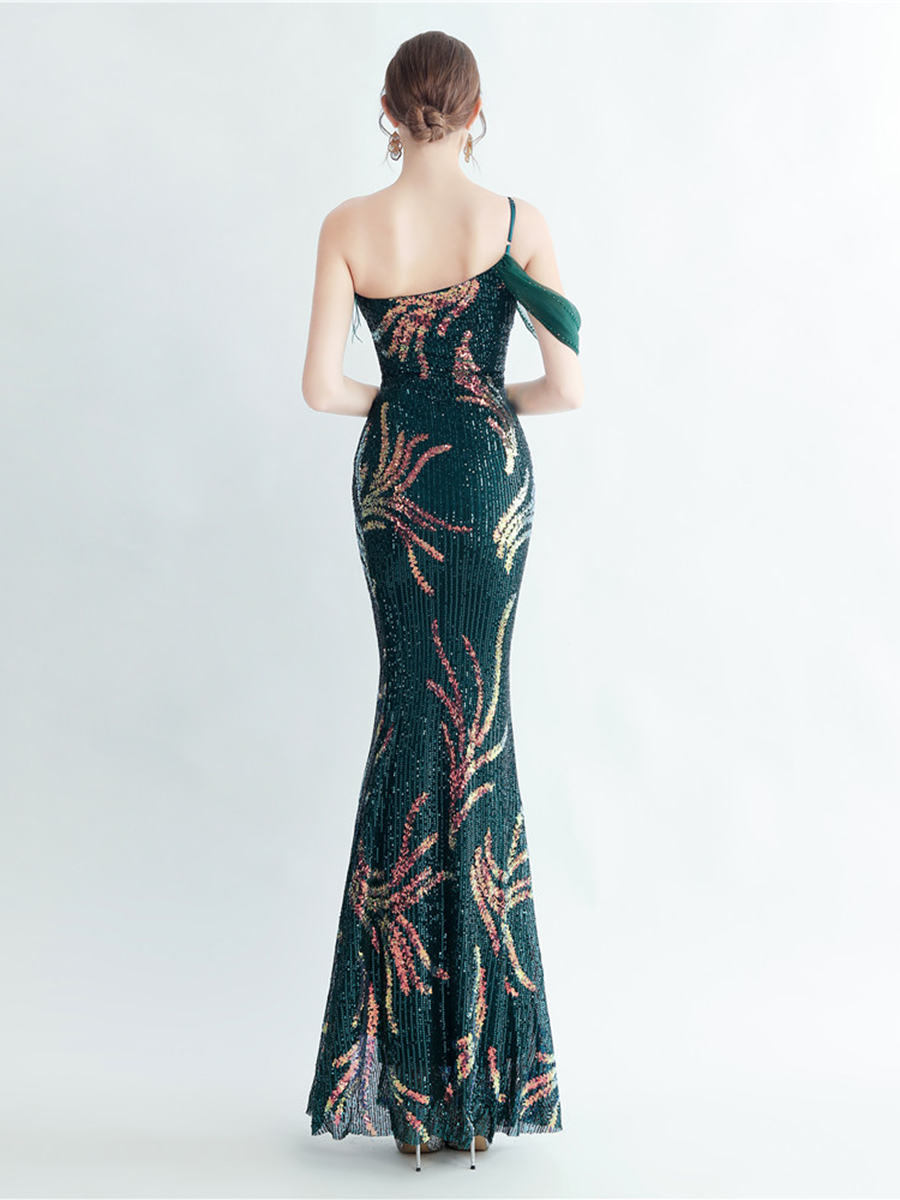 Elegant Feather Trim Sequin One-Shoulder Formal Dress