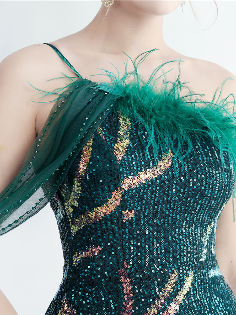 Elegant Feather Trim Sequin One-Shoulder Formal Dress