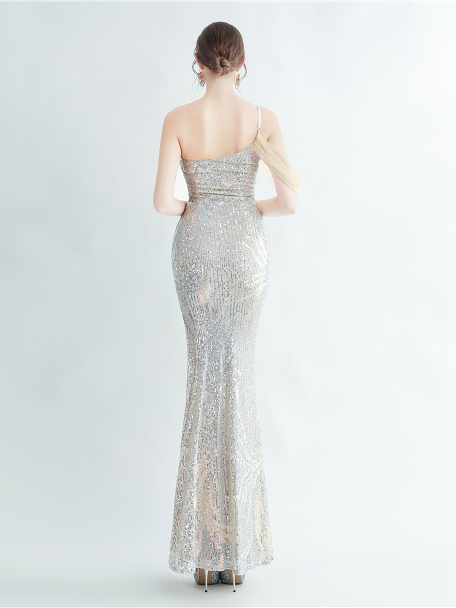 Elegant Feather Trim Sequin One-Shoulder Formal Dress