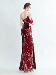 Elegant Feather Trim Sequin One-Shoulder Formal Dress
