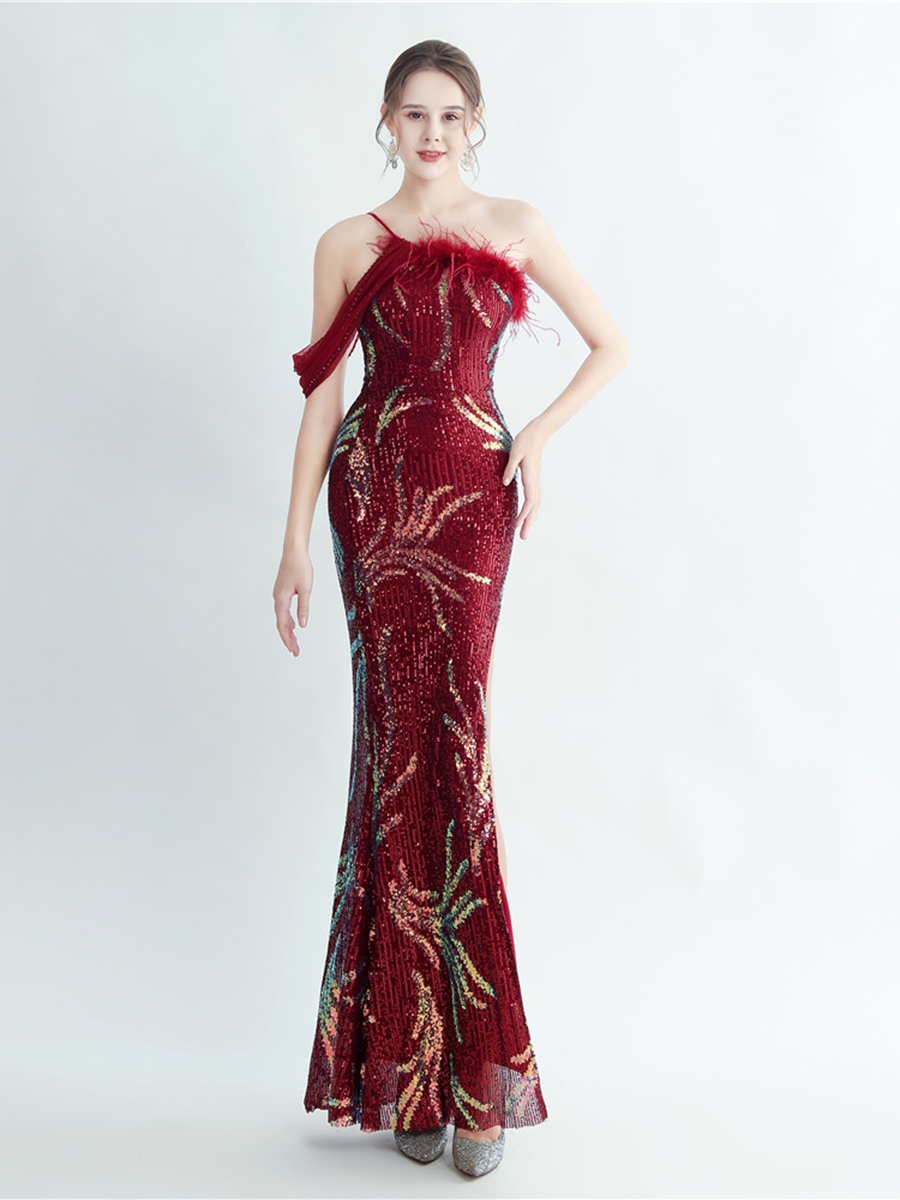 Elegant Feather Trim Sequin One-Shoulder Formal Dress