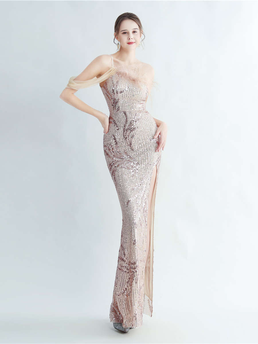 Elegant Feather Trim Sequin One-Shoulder Formal Dress
