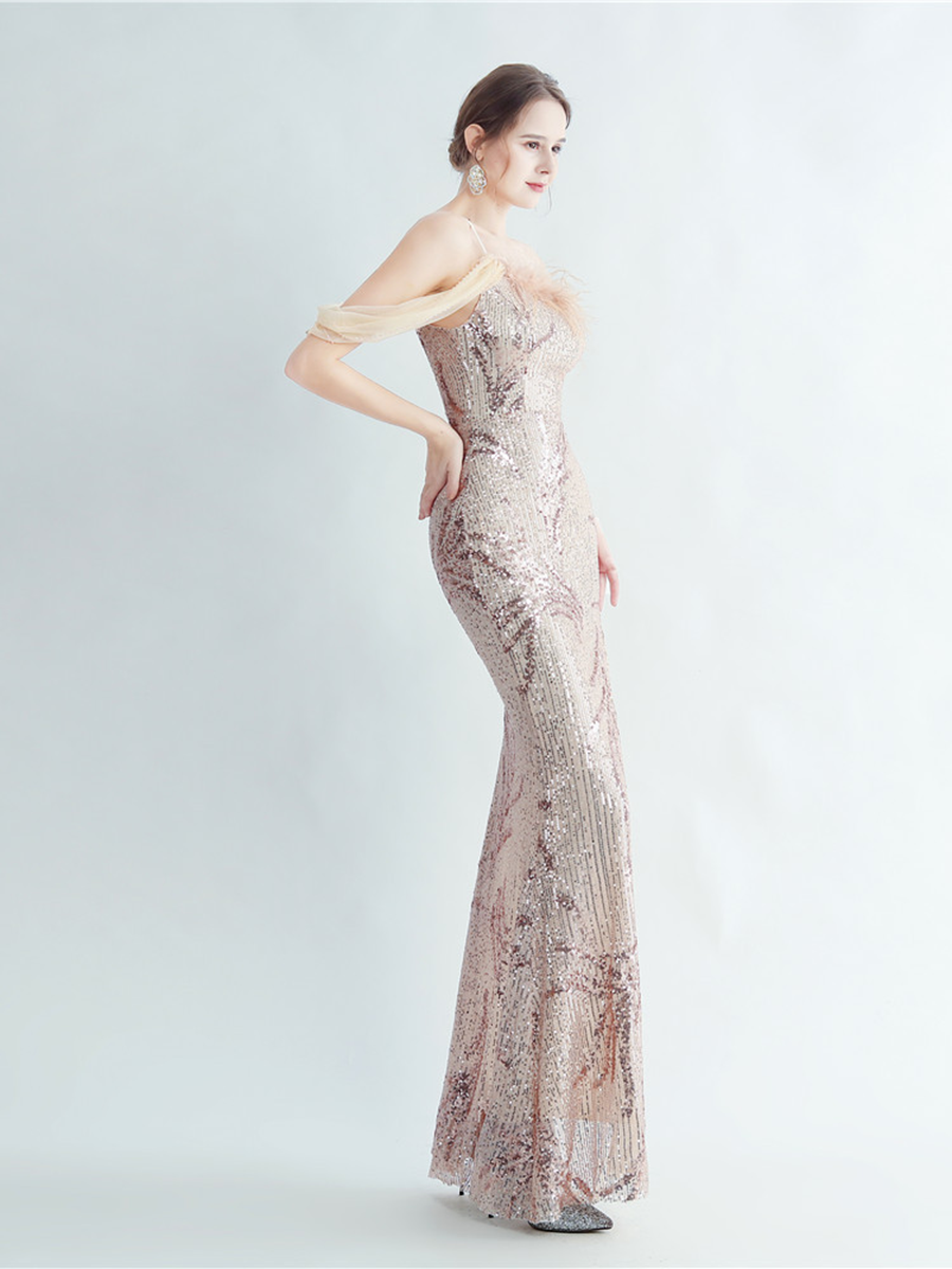 Elegant Feather Trim Sequin One-Shoulder Formal Dress