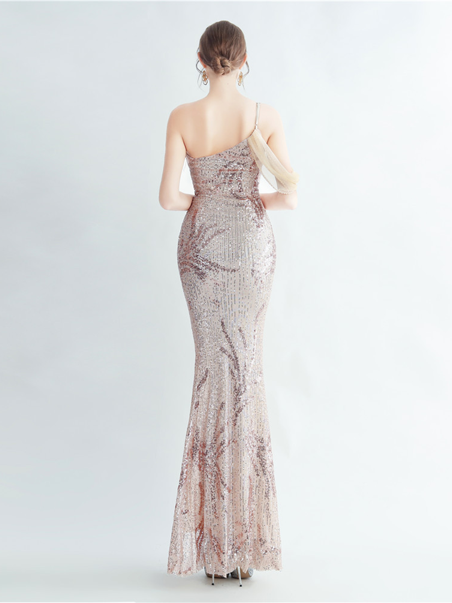 Elegant Feather Trim Sequin One-Shoulder Formal Dress