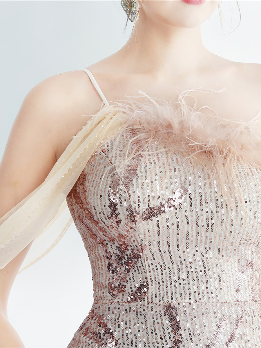 Elegant Feather Trim Sequin One-Shoulder Formal Dress