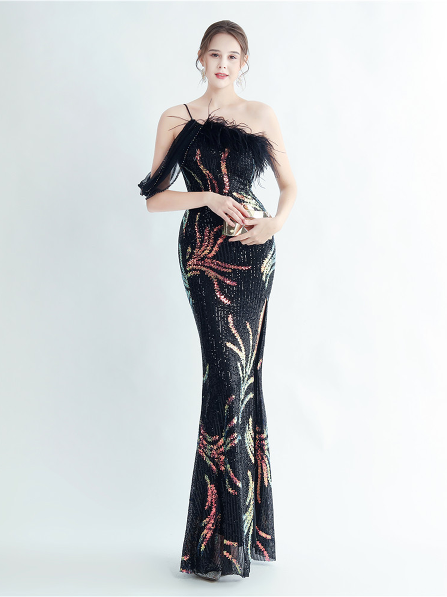 Elegant Feather Trim Sequin One-Shoulder Formal Dress