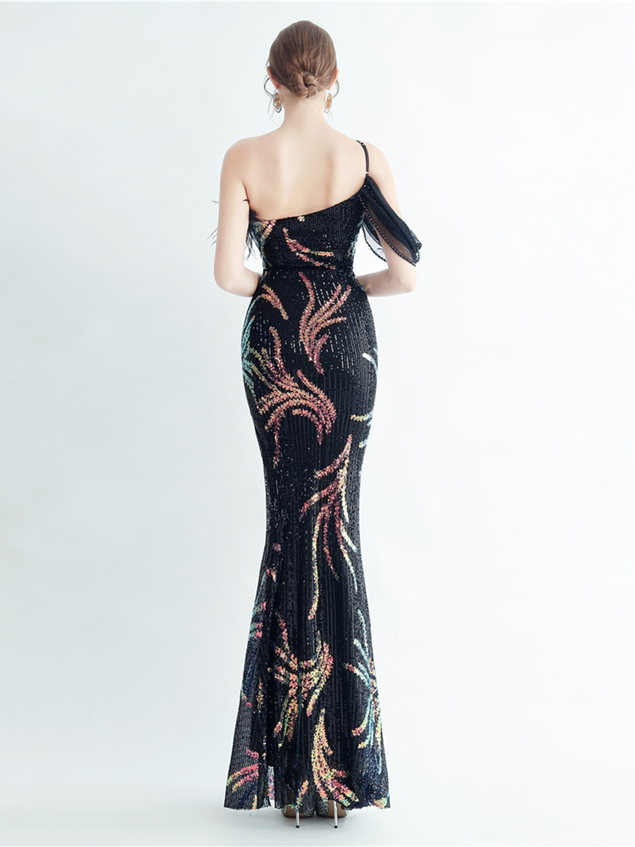 Elegant Feather Trim Sequin One-Shoulder Formal Dress