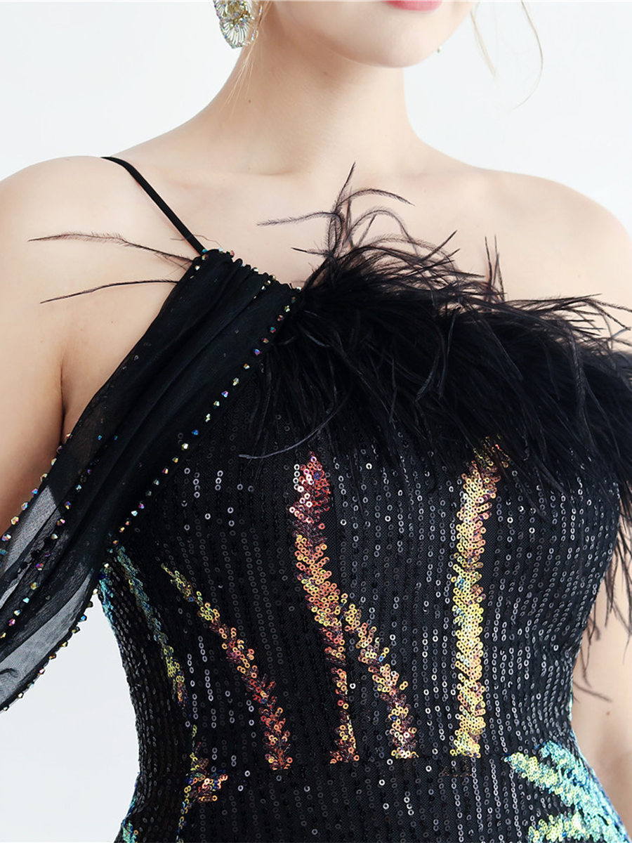 Elegant Feather Trim Sequin One-Shoulder Formal Dress