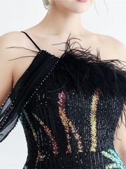 Elegant Feather Trim Sequin One-Shoulder Formal Dress