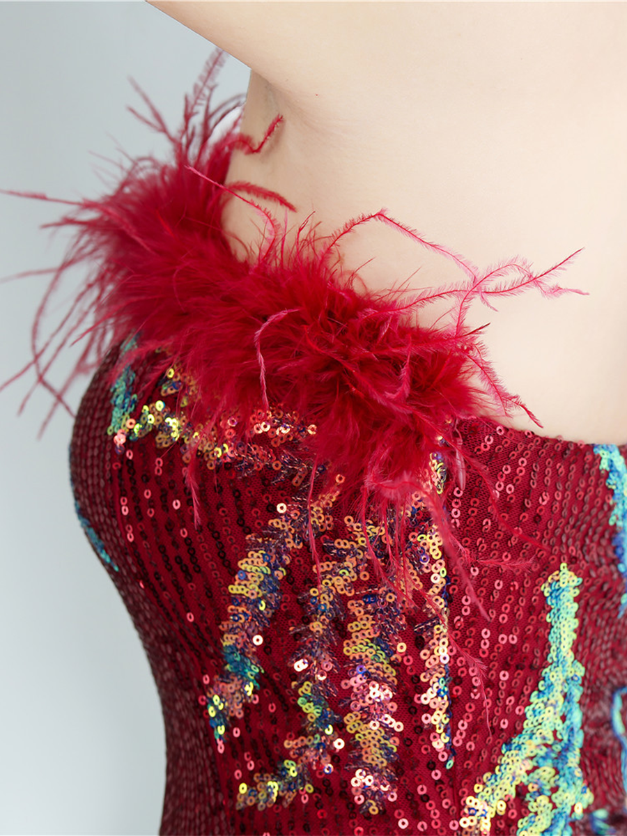 Elegant Feather Trim Sequin One-Shoulder Formal Dress