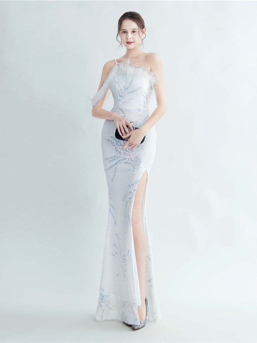 Elegant Feather Trim Sequin One-Shoulder Formal Dress