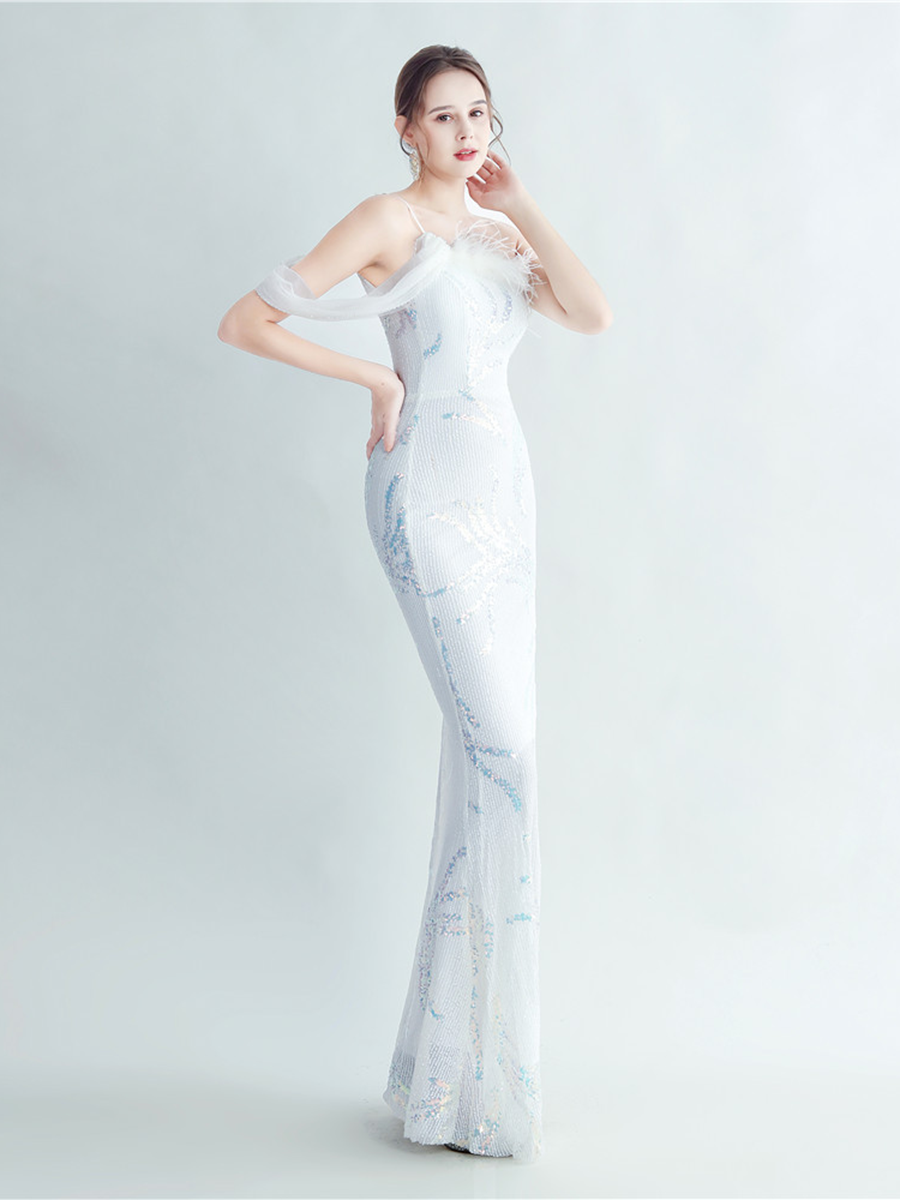 Elegant Feather Trim Sequin One-Shoulder Formal Dress