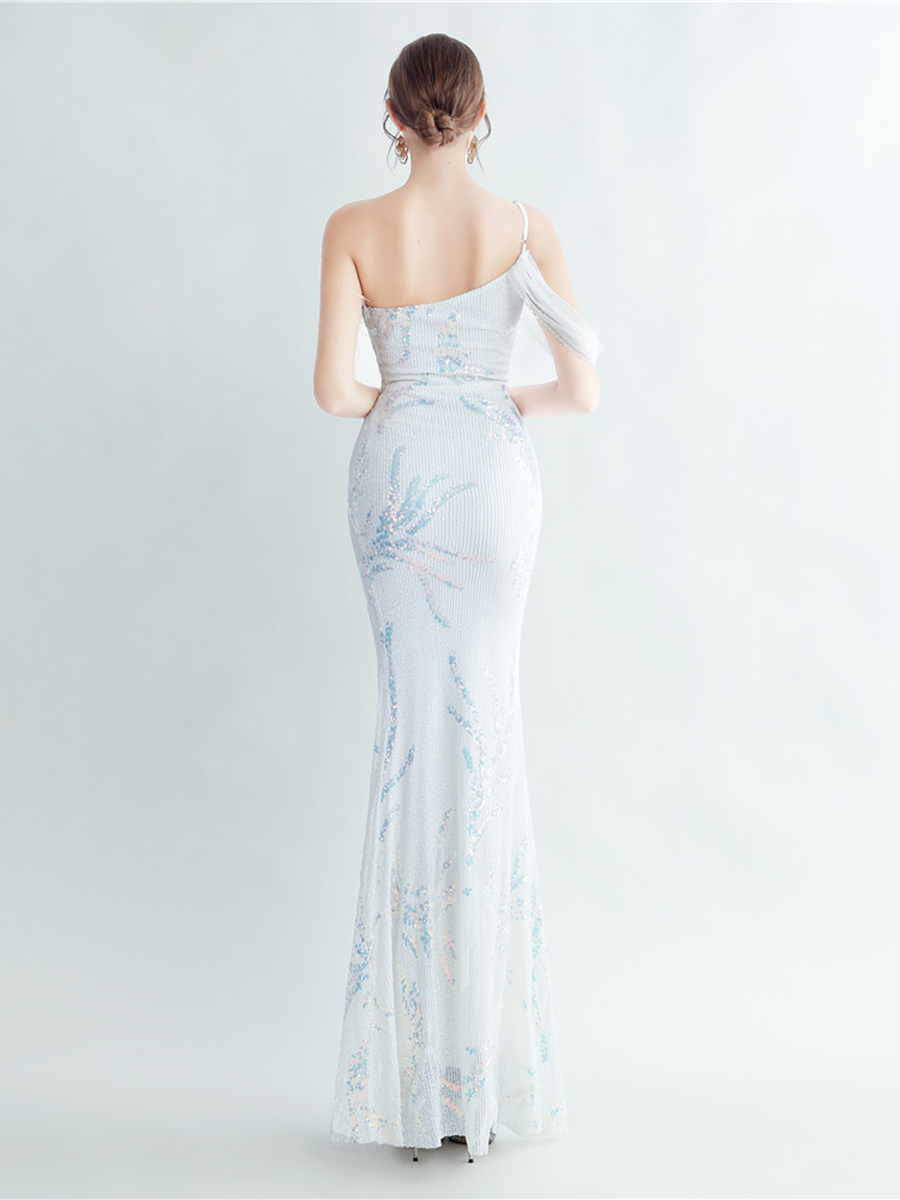 Elegant Feather Trim Sequin One-Shoulder Formal Dress