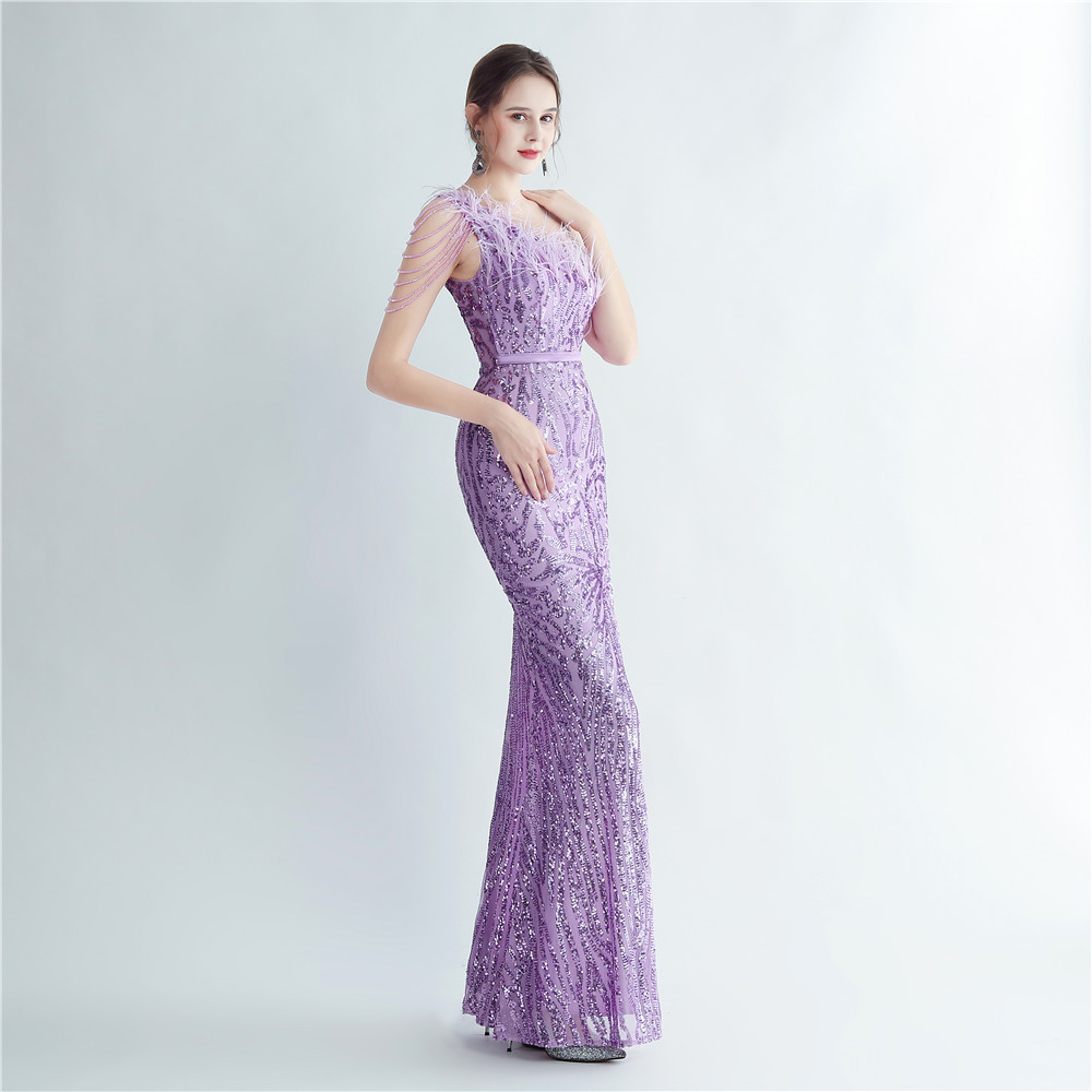 One Shoulder Feather Beads Chain Sequin Black Prom Dress