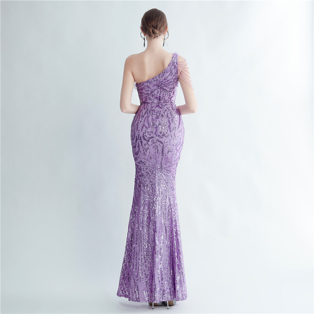 One Shoulder Feather Beads Chain Sequin Black Prom Dress