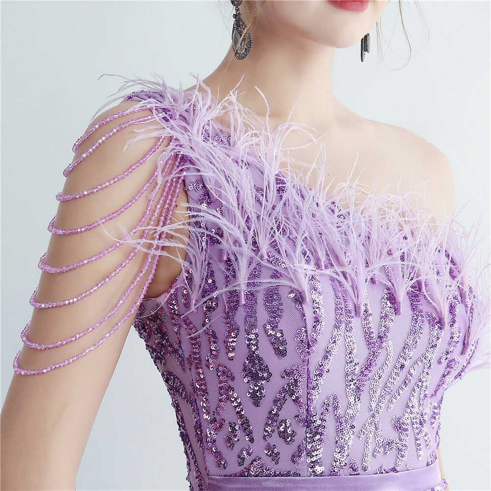 One Shoulder Feather Beads Chain Sequin Black Prom Dress