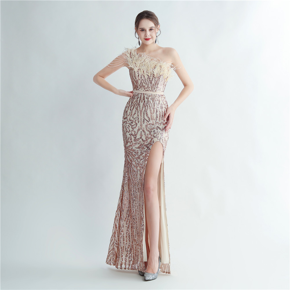 One Shoulder Feather Beads Chain Sequin Black Prom Dress
