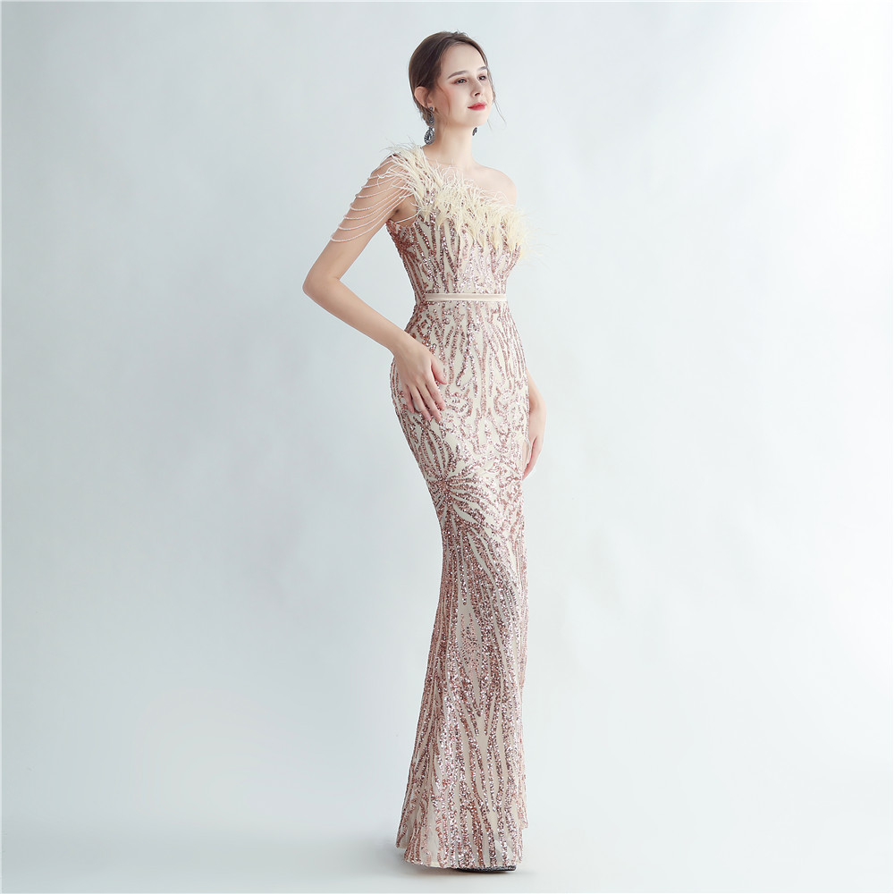 One Shoulder Feather Beads Chain Sequin Black Prom Dress