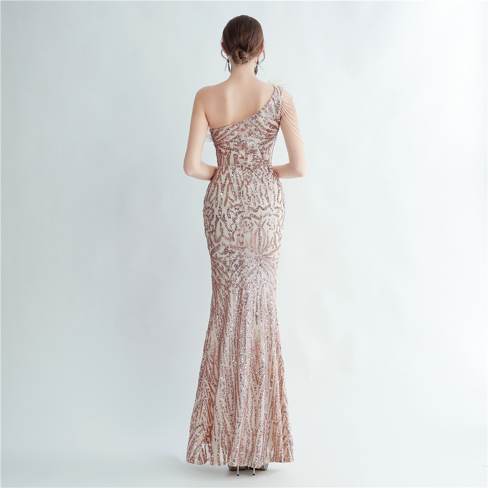 One Shoulder Feather Beads Chain Sequin Black Prom Dress