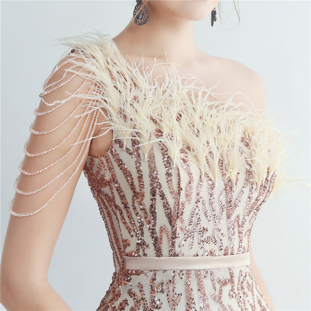 One Shoulder Feather Beads Chain Sequin Black Prom Dress