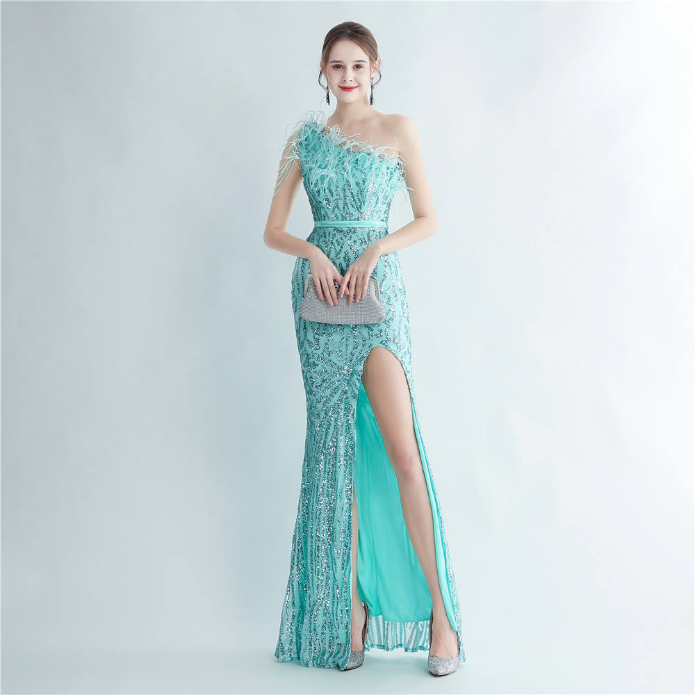 One Shoulder Feather Beads Chain Sequin Black Prom Dress