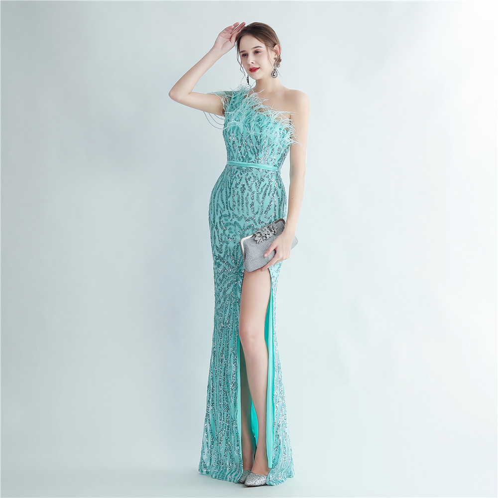 One Shoulder Feather Beads Chain Sequin Black Prom Dress
