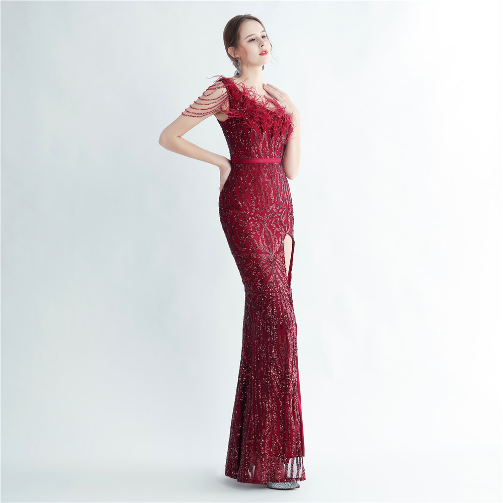 One Shoulder Feather Beads Chain Sequin Black Prom Dress