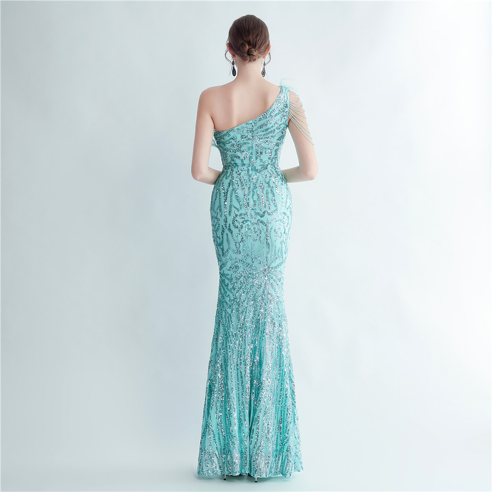 One Shoulder Feather Beads Chain Sequin Black Prom Dress