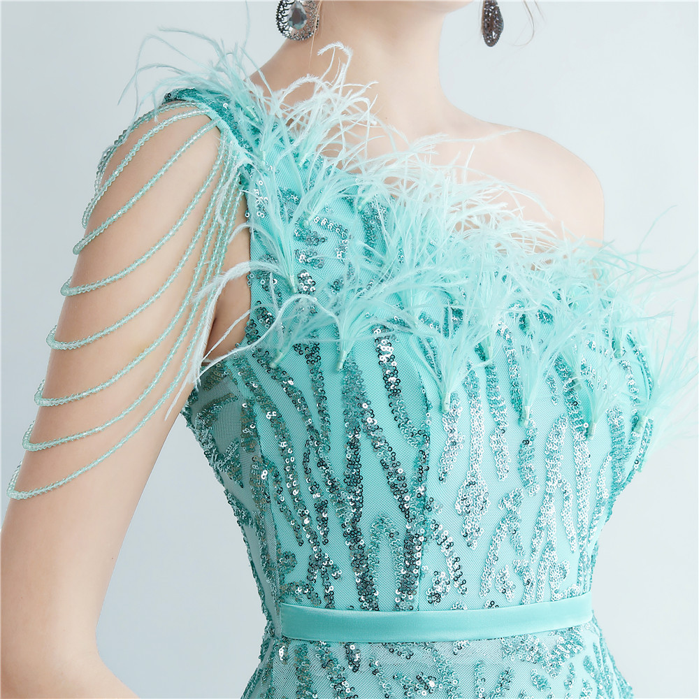 One Shoulder Feather Beads Chain Sequin Black Prom Dress