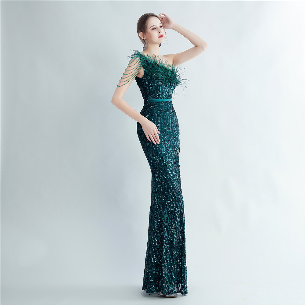 One Shoulder Feather Beads Chain Sequin Black Prom Dress