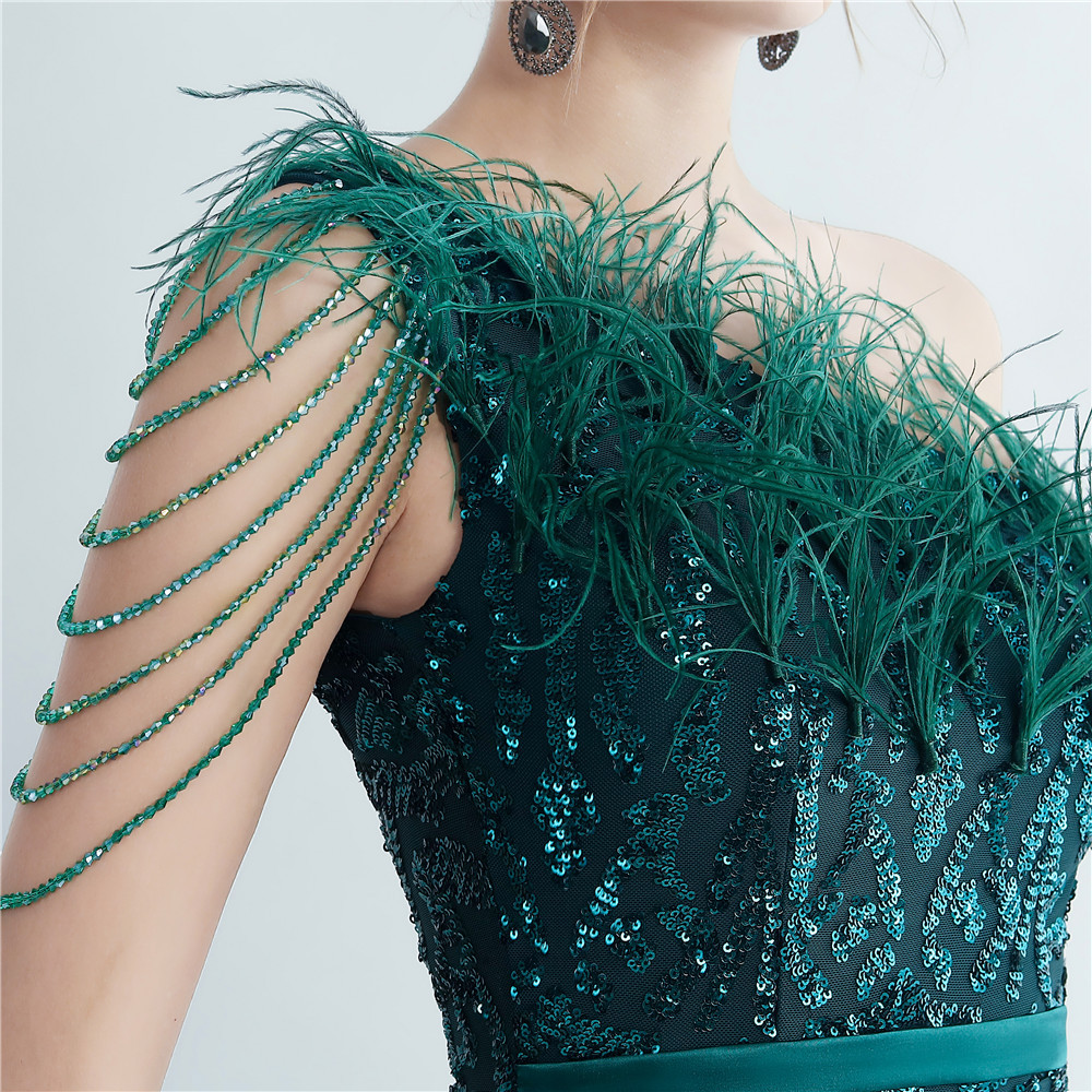 One Shoulder Feather Beads Chain Sequin Black Prom Dress